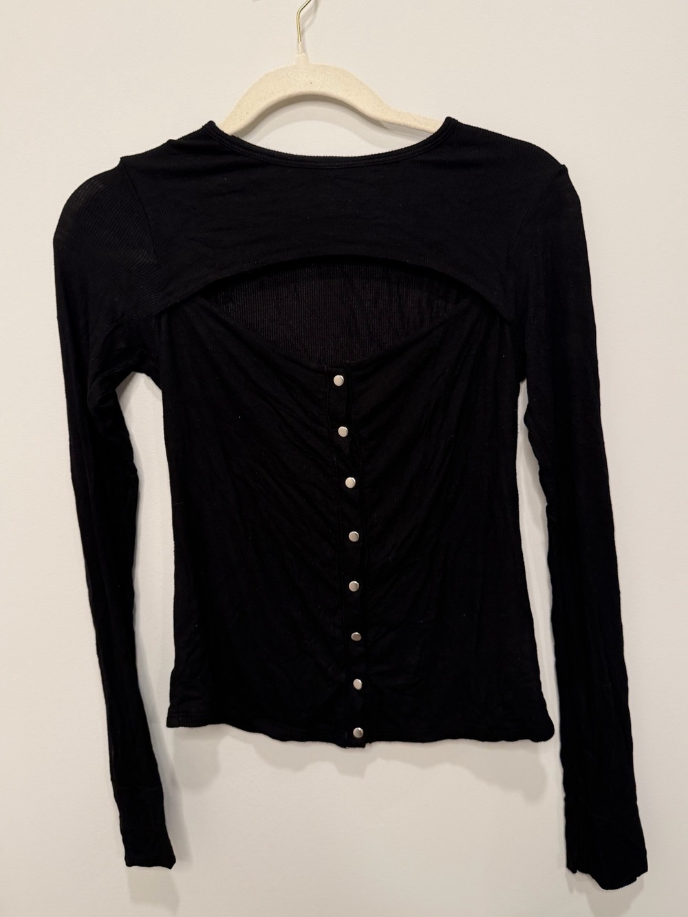 Michael Lauren Black Ribbed Cutout Ruched Snap Front Long Sleeve Top Small